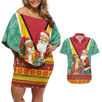 Guyana Christmas Santa Leopard Couples Matching Off Shoulder Short Dress and Hawaiian Shirt with Green Red Yellow Gift and Map - Wonder Print Shop