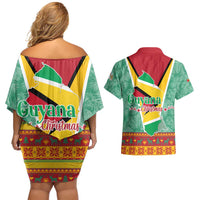 Guyana Christmas Santa Leopard Couples Matching Off Shoulder Short Dress and Hawaiian Shirt with Green Red Yellow Gift and Map - Wonder Print Shop