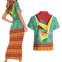 Guyana Christmas Santa Leopard Couples Matching Short Sleeve Bodycon Dress and Hawaiian Shirt with Green Red Yellow Gift and Map - Wonder Print Shop