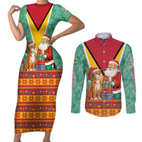 Guyana Christmas Santa Leopard Couples Matching Short Sleeve Bodycon Dress and Long Sleeve Button Shirt with Green Red Yellow Gift and Map - Wonder Print Shop