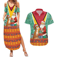 Guyana Christmas Santa Leopard Couples Matching Summer Maxi Dress and Hawaiian Shirt with Green Red Yellow Gift and Map - Wonder Print Shop