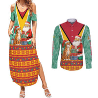 Guyana Christmas Santa Leopard Couples Matching Summer Maxi Dress and Long Sleeve Button Shirt with Green Red Yellow Gift and Map - Wonder Print Shop