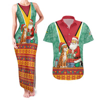 Guyana Christmas Santa Leopard Couples Matching Tank Maxi Dress and Hawaiian Shirt with Green Red Yellow Gift and Map - Wonder Print Shop