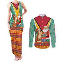 Guyana Christmas Santa Leopard Couples Matching Tank Maxi Dress and Long Sleeve Button Shirt with Green Red Yellow Gift and Map - Wonder Print Shop