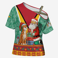 Guyana Christmas Santa Leopard Cross Shoulder Shirt with Green Red Yellow Gift and Map - Wonder Print Shop