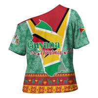 Guyana Christmas Santa Leopard Cross Shoulder Shirt with Green Red Yellow Gift and Map - Wonder Print Shop