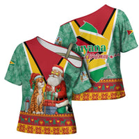 Guyana Christmas Santa Leopard Cross Shoulder Shirt with Green Red Yellow Gift and Map - Wonder Print Shop