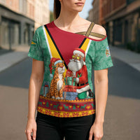 Guyana Christmas Santa Leopard Cross Shoulder Shirt with Green Red Yellow Gift and Map - Wonder Print Shop