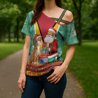 Guyana Christmas Santa Leopard Cross Shoulder Shirt with Green Red Yellow Gift and Map - Wonder Print Shop