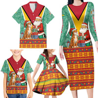Guyana Christmas Santa Leopard Family Matching Long Sleeve Bodycon Dress and Hawaiian Shirt with Green Red Yellow Gift and Map - Wonder Print Shop