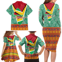 Guyana Christmas Santa Leopard Family Matching Long Sleeve Bodycon Dress and Hawaiian Shirt with Green Red Yellow Gift and Map - Wonder Print Shop