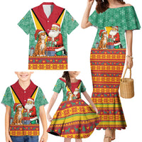 Guyana Christmas Santa Leopard Family Matching Mermaid Dress and Hawaiian Shirt with Green Red Yellow Gift and Map - Wonder Print Shop