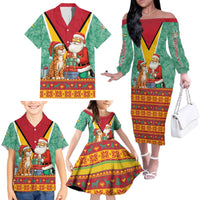 Guyana Christmas Santa Leopard Family Matching Off The Shoulder Long Sleeve Dress and Hawaiian Shirt with Green Red Yellow Gift and Map - Wonder Print Shop
