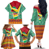 Guyana Christmas Santa Leopard Family Matching Off The Shoulder Long Sleeve Dress and Hawaiian Shirt with Green Red Yellow Gift and Map - Wonder Print Shop