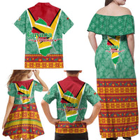 Guyana Christmas Santa Leopard Family Matching Off Shoulder Maxi Dress and Hawaiian Shirt with Green Red Yellow Gift and Map - Wonder Print Shop