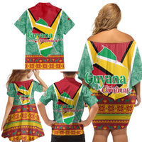Guyana Christmas Santa Leopard Family Matching Off Shoulder Short Dress and Hawaiian Shirt with Green Red Yellow Gift and Map - Wonder Print Shop
