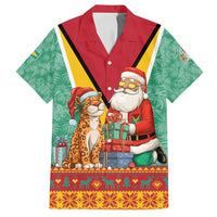 Guyana Christmas Santa Leopard Family Matching Off Shoulder Short Dress and Hawaiian Shirt with Green Red Yellow Gift and Map - Wonder Print Shop