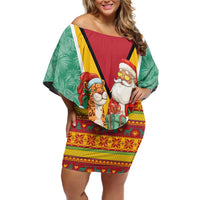 Guyana Christmas Santa Leopard Family Matching Off Shoulder Short Dress and Hawaiian Shirt with Green Red Yellow Gift and Map - Wonder Print Shop