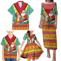 Guyana Christmas Santa Leopard Family Matching Puletasi and Hawaiian Shirt with Green Red Yellow Gift and Map - Wonder Print Shop