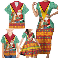 Guyana Christmas Santa Leopard Family Matching Short Sleeve Bodycon Dress and Hawaiian Shirt with Green Red Yellow Gift and Map - Wonder Print Shop