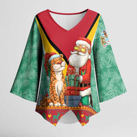 Guyana Christmas Santa Leopard Kimono Sleeve Blouse with Green Red Yellow Gift and Map - Wonder Print Shop