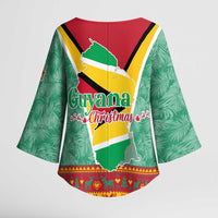 Guyana Christmas Santa Leopard Kimono Sleeve Blouse with Green Red Yellow Gift and Map - Wonder Print Shop