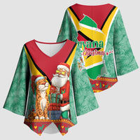 Guyana Christmas Santa Leopard Kimono Sleeve Blouse with Green Red Yellow Gift and Map - Wonder Print Shop
