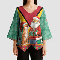 Guyana Christmas Santa Leopard Kimono Sleeve Blouse with Green Red Yellow Gift and Map - Wonder Print Shop