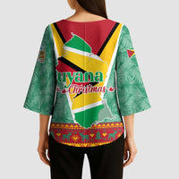 Guyana Christmas Santa Leopard Kimono Sleeve Blouse with Green Red Yellow Gift and Map - Wonder Print Shop