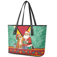 Guyana Christmas Santa Leopard Leather Tote Bag with Green Red Yellow Gift and Map - Wonder Print Shop