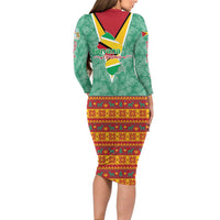 Guyana Christmas Santa Leopard Long Sleeve Bodycon Dress with Green Red Yellow Gift and Map - Wonder Print Shop