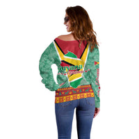 Guyana Christmas Santa Leopard Off Shoulder Sweater with Green Red Yellow Gift and Map - Wonder Print Shop