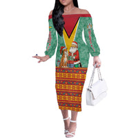 Guyana Christmas Santa Leopard Off The Shoulder Long Sleeve Dress with Green Red Yellow Gift and Map - Wonder Print Shop
