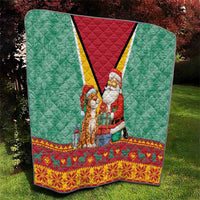 Guyana Christmas Santa Leopard Quilt with Green Red Yellow Gift and Map - Wonder Print Shop