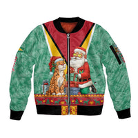 Guyana Christmas Santa Leopard Sleeve Zip Bomber Jacket with Green Red Yellow Gift and Map - Wonder Print Shop