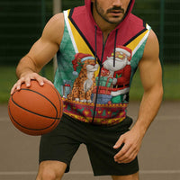 Guyana Christmas Santa Leopard Sleeveless Zip Hoodie with Green Red Yellow Gift and Map - Wonder Print Shop