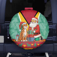 Guyana Christmas Santa Leopard Spare Tire Cover with Green Red Yellow Gift and Map - Wonder Print Shop