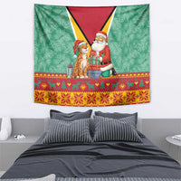 Guyana Christmas Santa Leopard Tapestry with Green Red Yellow Gift and Map - Wonder Print Shop