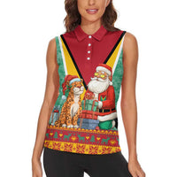 Guyana Christmas Santa Leopard Women Sleeveless Polo Shirt with Green Red Yellow Gift and Map - Wonder Print Shop