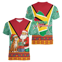 Guyana Christmas Santa Leopard Women V-Neck T-Shirt with Green Red Yellow Gift and Map - Wonder Print Shop
