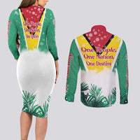 Guyana Flag Couples Matching Long Sleeve Bodycon Dress and Long Sleeve Button Shirt Christmas Santa Jaguar and National Motto Green Yellow - Wonder Print Shop