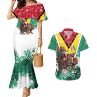 Guyana Flag Couples Matching Mermaid Dress and Hawaiian Shirt Christmas Santa Jaguar and National Motto Green Yellow - Wonder Print Shop