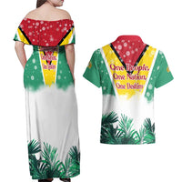Guyana Flag Couples Matching Off Shoulder Maxi Dress and Hawaiian Shirt Christmas Santa Jaguar and National Motto Green Yellow - Wonder Print Shop