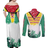Guyana Flag Couples Matching Off Shoulder Maxi Dress and Long Sleeve Button Shirt Christmas Santa Jaguar and National Motto Green Yellow - Wonder Print Shop