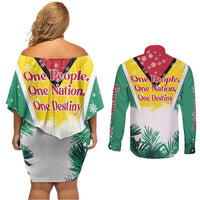 Guyana Flag Couples Matching Off Shoulder Short Dress and Long Sleeve Button Shirt Christmas Santa Jaguar and National Motto Green Yellow - Wonder Print Shop