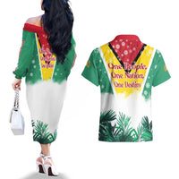 Guyana Flag Couples Matching Off The Shoulder Long Sleeve Dress and Hawaiian Shirt Christmas Santa Jaguar and National Motto Green Yellow - Wonder Print Shop