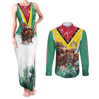 Guyana Flag Couples Matching Tank Maxi Dress and Long Sleeve Button Shirt Christmas Santa Jaguar and National Motto Green Yellow - Wonder Print Shop