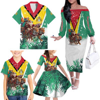 Guyana Flag Family Matching Off The Shoulder Long Sleeve Dress and Hawaiian Shirt Christmas Santa Jaguar and National Motto Green Yellow - Wonder Print Shop