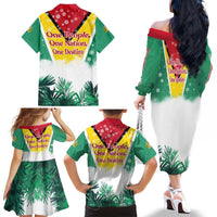 Guyana Flag Family Matching Off The Shoulder Long Sleeve Dress and Hawaiian Shirt Christmas Santa Jaguar and National Motto Green Yellow - Wonder Print Shop