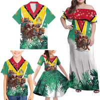 Guyana Flag Family Matching Off Shoulder Maxi Dress and Hawaiian Shirt Christmas Santa Jaguar and National Motto Green Yellow - Wonder Print Shop
